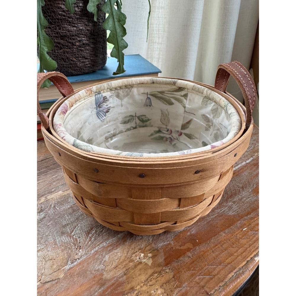 Longaberger 2006 Round Woven‎ Basket Leather Handles Botanical Liner Protector